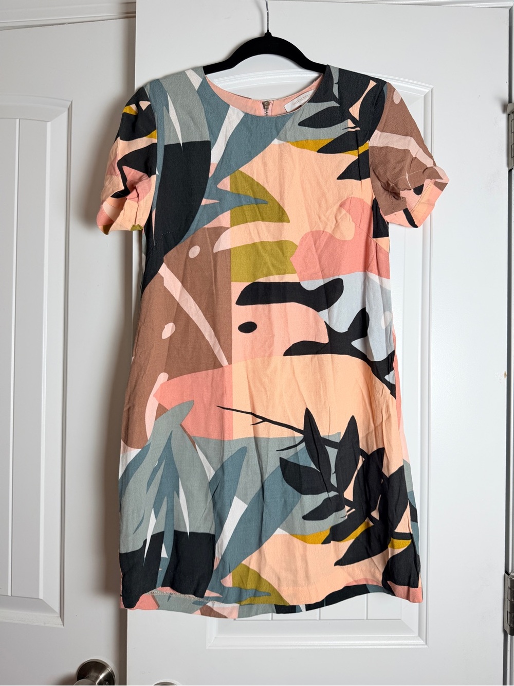 Olivaceous Short Sleeve Mini Dress in Peach Multi Abstract Anthropologie